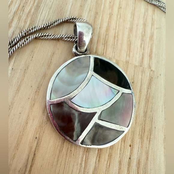 Vintage 925 Sterling silver shell abalone mosaic pendant necklace - Picture 7 of 10
